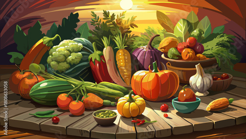 Assorted seasonal vegetables arranged on a rustic wooden table, illuminated by warm sunlight for a natural, earthy ambiance
