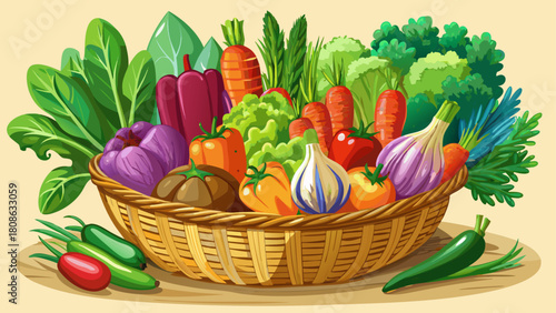 Colorful selection of crisp vegetables displayed on a woven basket, detailed textures and gentle lighting highlighting their natural freshness