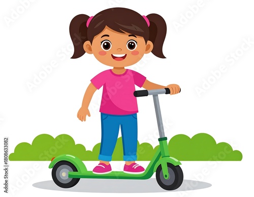 A young girl, smiling, with pigtails, rides a green scooter over a simple background. The cartoon illustration is cheerful