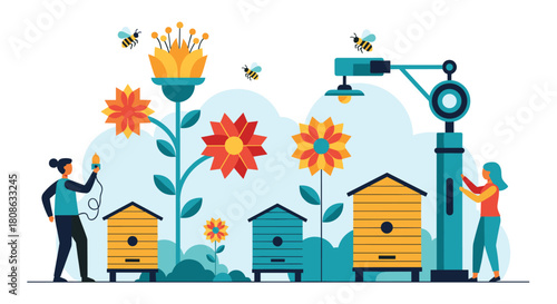 People tending to beehives and flowers with bees flying around a lamp post.