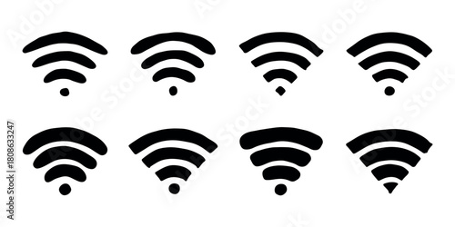 Set of hand drawn free wifi spot zone sign Public wi-fi area sign Wireless internet clipart in doodle style Single element for print, web, design, decor 3G, 4G, 5G, 6G, IoT