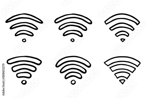 Set of hand drawn free wifi spot zone sign Public wi-fi area sign Wireless internet clipart in doodle style Single element for print, web, design, decor 3G, 4G, 5G, 6G, IoT