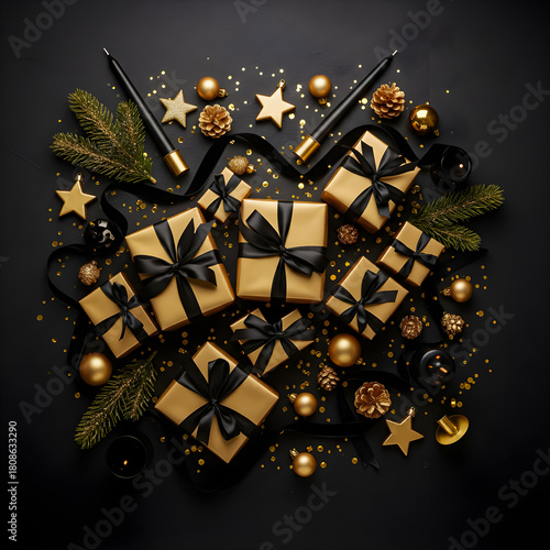 Artistic top-down flat lay arrangement of small golden gift boxes tied with black satin ribbons.