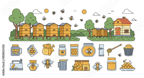 Illustration of beekeeping and honey products with apiaries and bees.