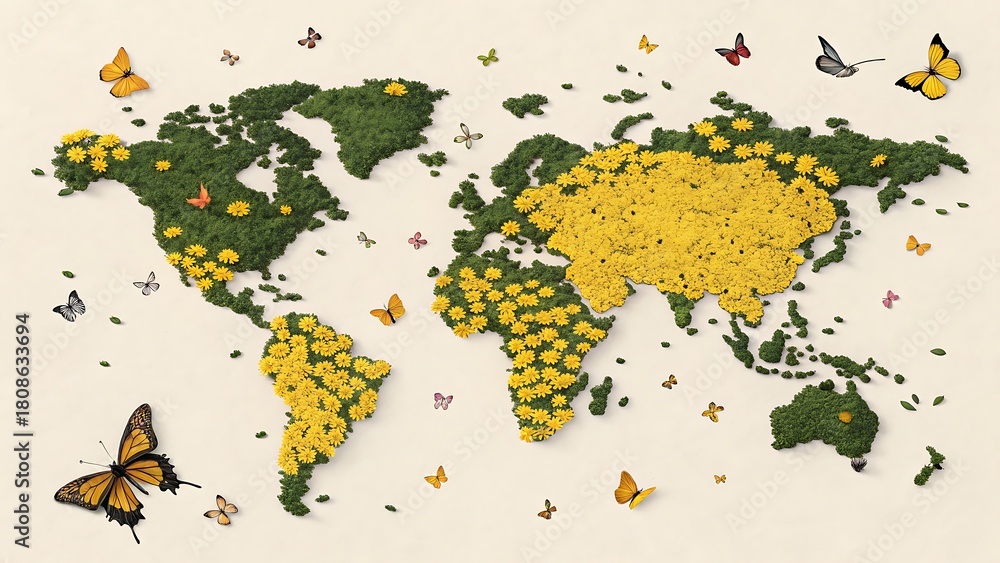 Obraz premium World map made of flowers and butterflies on a beige background, symbolizing nature, environment, and global conservation efforts for a sustainable future