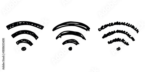 Set of hand drawn free wifi spot zone sign Public wi-fi area sign Wireless internet clipart in doodle style Single element for print, web, design, decor 3G, 4G, 5G, 6G, IoT