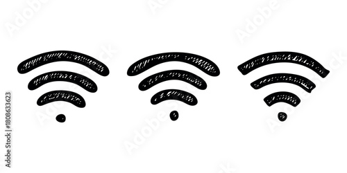 Set of hand drawn free wifi spot zone sign Public wi-fi area sign Wireless internet clipart in doodle style Single element for print, web, design, decor 3G, 4G, 5G, 6G, IoT