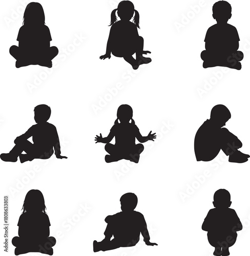 Kids Sitting on Floor Children Silhouette Vector Set