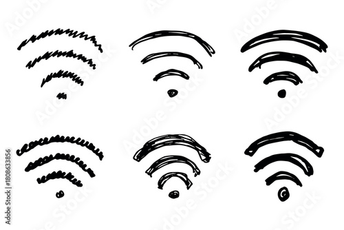 Set of hand drawn free wifi spot zone sign Public wi-fi area sign Wireless internet clipart in doodle style Single element for print, web, design, decor 3G, 4G, 5G, 6G, IoT