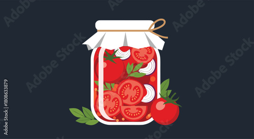 Illustration of a jar filled with tomatoes, onions, and herbs, ready for canning.