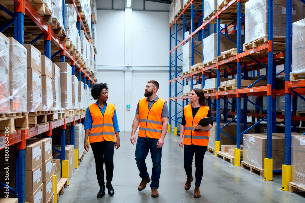 Fototapeta premium Multiethnic Young Adult Warehouse Workers Walking and Discussing Logistics