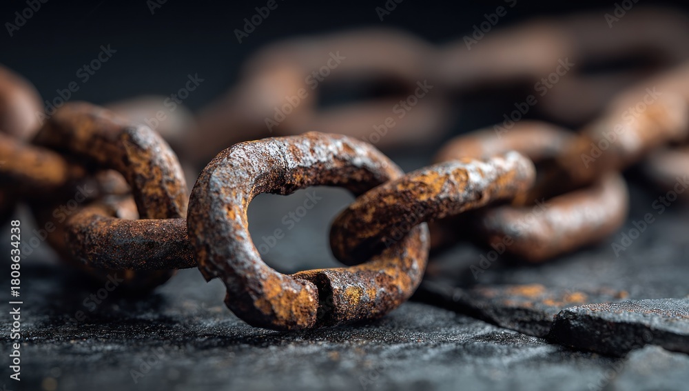 Fototapeta premium Rusty chain lying on cracked stone surface showing signs of age and decay, symbolizing fragility and the passage of time in a somber mood.
