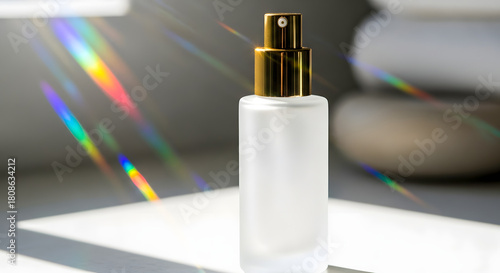 Elegant perfume bottle with golden accents in bright sunlight is perfect for beauty ads