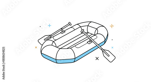 Isometric outline of an inflatable raft with oars on a white background with decorative elements.