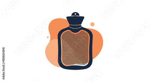 An illustrated hot water bottle with a dark blue outline and cross-hatch pattern, set against abstract orange shapes, symbolizing warmth and comfort.