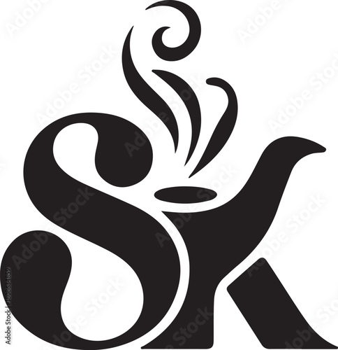 Stylized sk logo design featuring a steaming teapot silhouette, perfect for coffee shop, cafe, and beverage branding