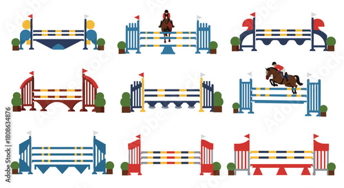 Various types of equestrian show jumping obstacles, including a horse and rider clearing a barrier, illustrating the dynamic sport.