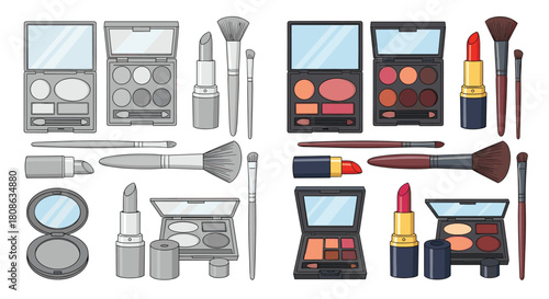 Collection of colorful makeup products including lipsticks, eyeshadow palettes, and brushes.