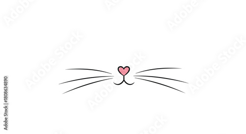 Cute minimalist illustration of a cat's pink heart-shaped nose, mouth, and long whiskers on a clean white background.