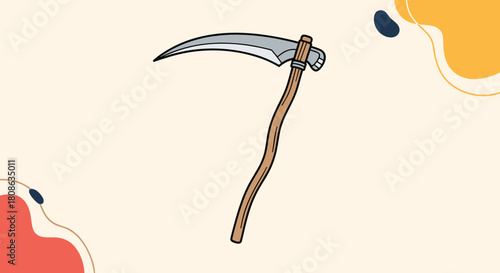 A simple, illustrative drawing of a scythe with a silver blade and a wooden handle, set against a pale background with abstract colored shapes.