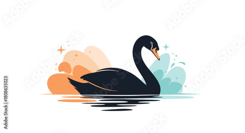 A graceful black swan with an orange beak floats serenely on the water, surrounded by vibrant orange and blue abstract shapes and sparkles.