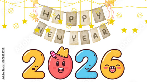 Cheerful illustration depicts the year 2026 with kawaii numbers, holiday and party mood.
