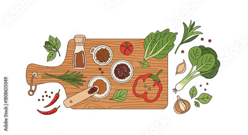 Overhead view of a wooden cutting board filled with fresh ingredients and spices for cooking.