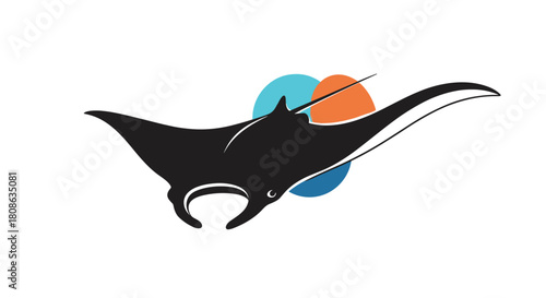 Elegant black manta ray silhouette glides gracefully past a creative composition of blue and orange circles.