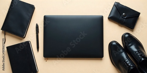 Business Trip Essentials in Transit A perfectly arranged flat lay of business travel essentials on a neutral, textured background. Include a sleek black laptop (closed), a leather bound notebook and