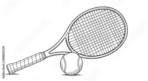 A detailed black and white line drawing depicting a tennis racket leaning on a tennis ball, capturing the essence of the sport.