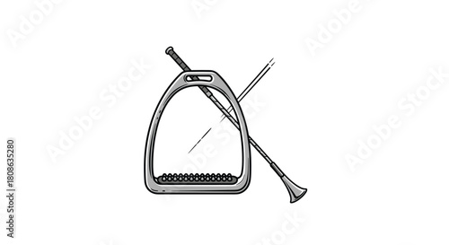 A classic equestrian stirrup and riding crop are crossed in a simple, elegant black and white illustration, symbolizing the sport of horseback riding.