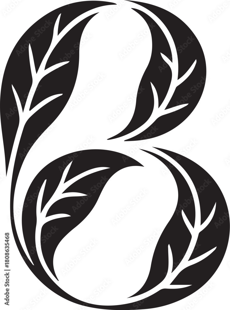 Fototapeta premium Stylized letter b initial logo concept created with two interconnected organic black leaves and white veins.
