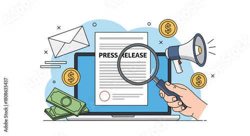 Illustration of press release concept with laptop, magnifying glass, and megaphone.