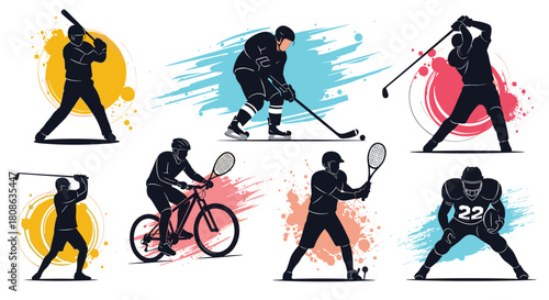 Silhouettes of athletes engaged in various sports, including baseball, hockey, golf, cycling, tennis, and American football.