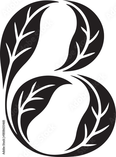 Stylized letter b initial logo concept created with two interconnected organic black leaves and white veins.
