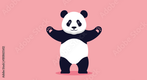 Cute cartoon panda standing on two feet with arms outstretched, displaying an open and inviting posture against a plain pink backdrop.