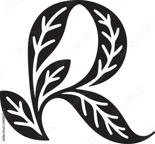 Ornate capital letter r with botanical leaf and vine patterns, elegant flourish alphabet initial isolated vector
