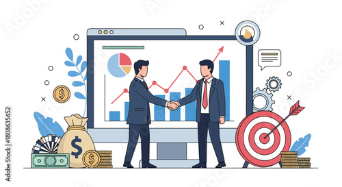 Businessmen shaking hands in front of a growing financial graph symbolizing partnership and success.