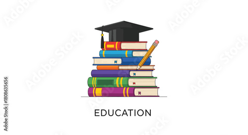 A stack of colorful books topped with a graduation cap and a pencil, representing education and learning.