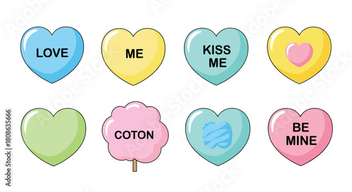 A collection of colorful candy hearts with sweet messages and a pink cotton candy, perfect for Valentine's Day.