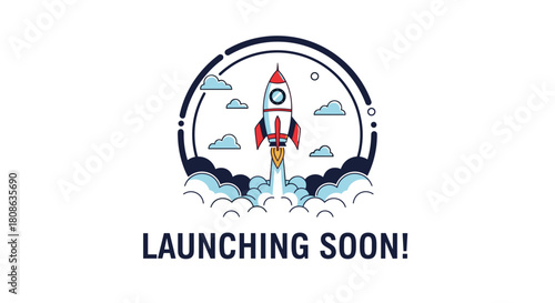 Illustration of a rocket launching with clouds and a circular frame, text says launching soon.