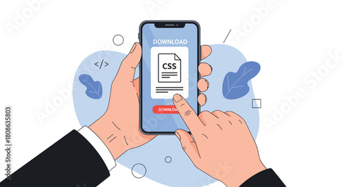Hands holding a smartphone displaying a CSS file download page.