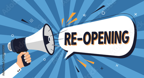 Megaphone announces re-opening with a speech bubble on a radial blue background.