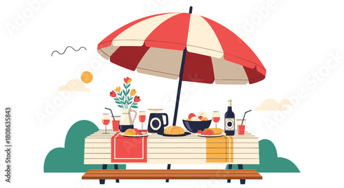 A vibrant illustration of an outdoor picnic setup with food, drinks, and a striped umbrella.