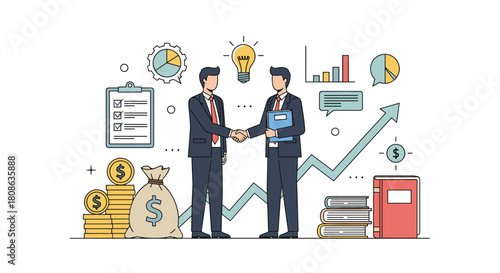 Two businessmen shake hands in agreement with business charts and financial elements in the background.