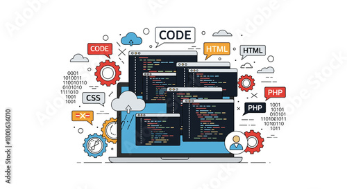 Digital concept of software development and programming with coding elements and cloud symbols.