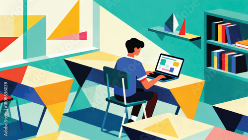 Illustration Of Students Using Laptops For Digital Learning In A Modern School Vector Design Template