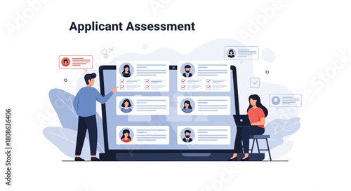 Illustration of applicant assessment with people reviewing candidate profiles on a large screen.