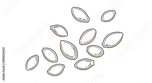 A scattering of stylized pumpkin seeds with outlines and subtle orange shading on a white background.