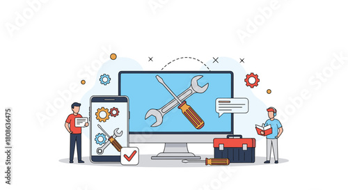 Illustration of tech support and computer repair services with tools and devices.